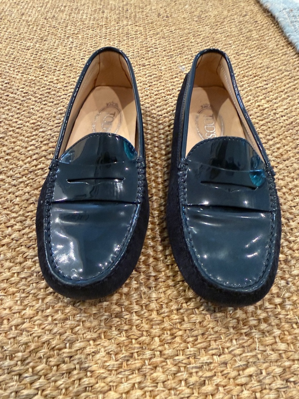 TOD'S Navy Suede Patent Leather Penny Loafers